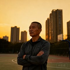 一位肤色偏深、留着短寸发型的四十岁中国男性，身穿深灰色运动外套，双臂交叉站立在户外篮球场边，背景是黄昏时分的高楼天际线。
